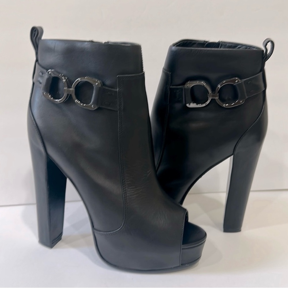 Monika Chiang Womens Leather Peep Toe Platform Ankle Boots Black Size 10